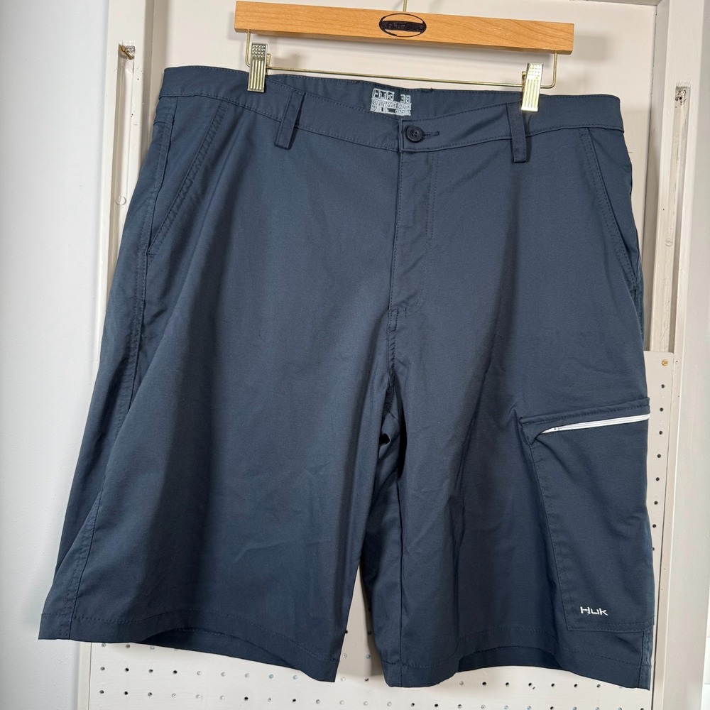 Huk Performance Fishing Cargo Shorts Men's Navy Blue Stretch Zip‎ Fly - 38